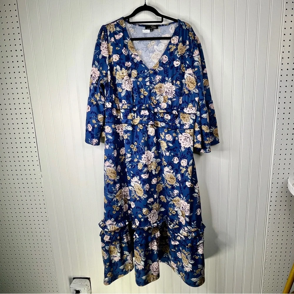 Suzanne Betro Navy Floral Wrap Maxi Dress Ruffle Hem Long Sleeve Plus 2X Boho - Picture 2 of 7